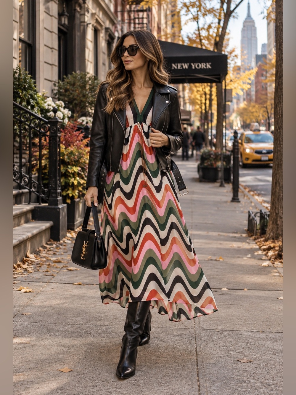 FARM Rio Wavy Stripe V-Neck Midi Dress in Pink, Green & Black